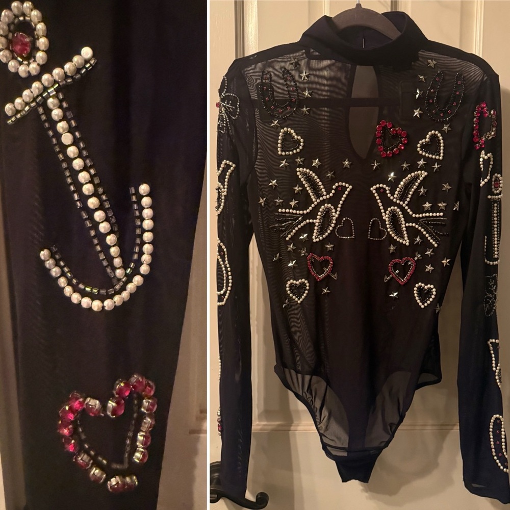 RARE ⚡️ NEW NASTY GAL COLLECTION LADY LUCK BLACK SHEER BODYSUIT PEARL BEADED MED